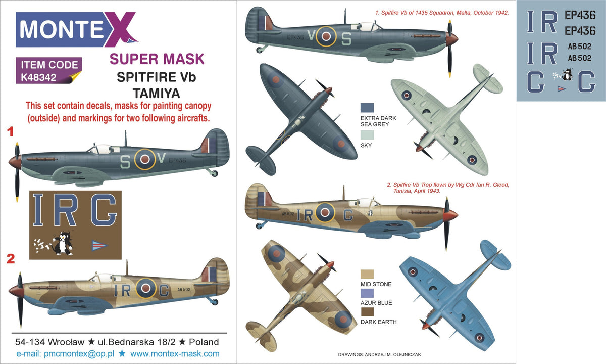 Supermarine Spitfire Mk.VB 1 canopy mask (interior and exterior canopy frame mask) + insignia and markings masks + decals (designed to be used with Tamiya kits)