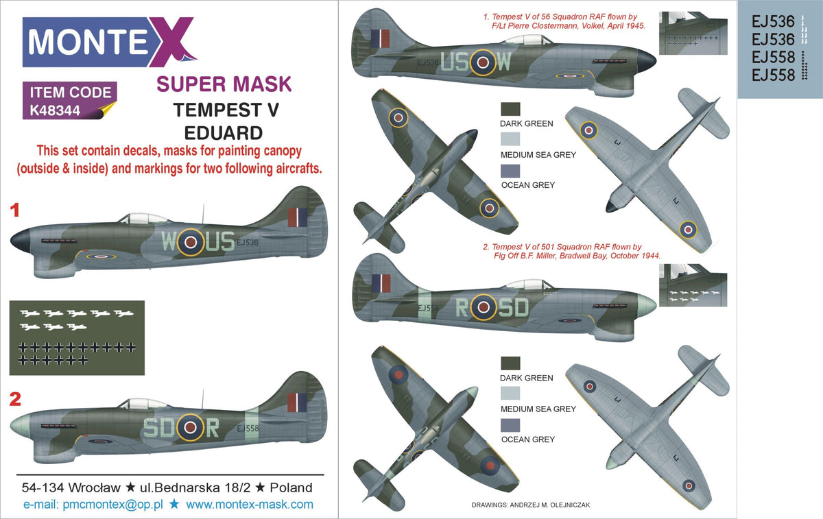 Hawker Tempest Mk.V 2 canopy mask (interior and exterior canopy frame mask) + insignia and markings masks + decals (designed to be used with Eduard kits)