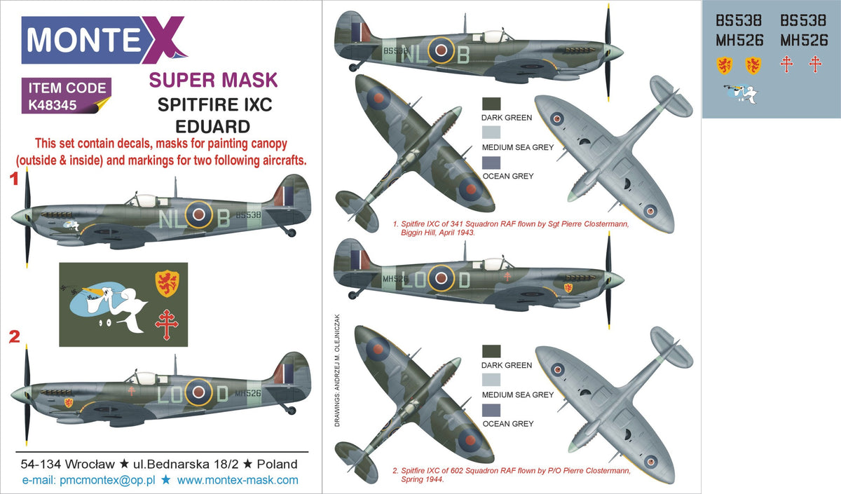 Supermarine Spitfire Mk.IXc 2 canopy mask (interior and exterior canopy frame mask) + insignia and markings masks + decals (designed to be used with Eduard kits)