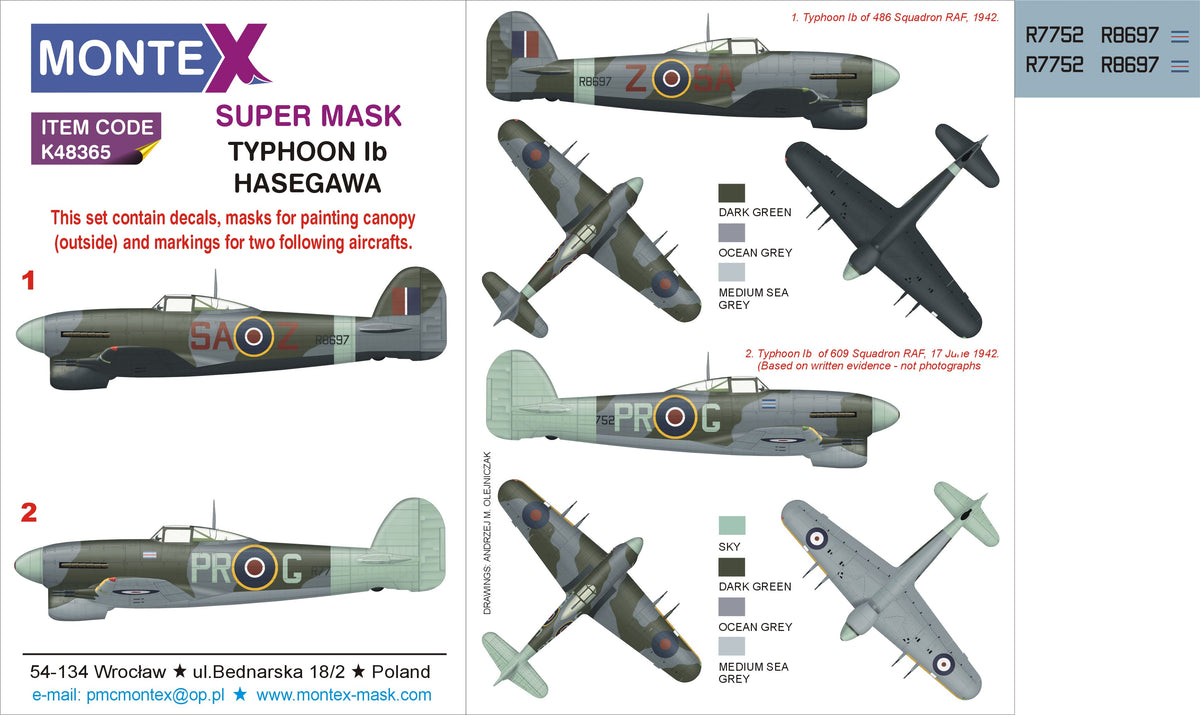 Hawker Typhoon Mk.IB 1 canopy mask (outside canopy frame mask) + insignia and markings masks + decals (designed to be used with Hasegawa kits)