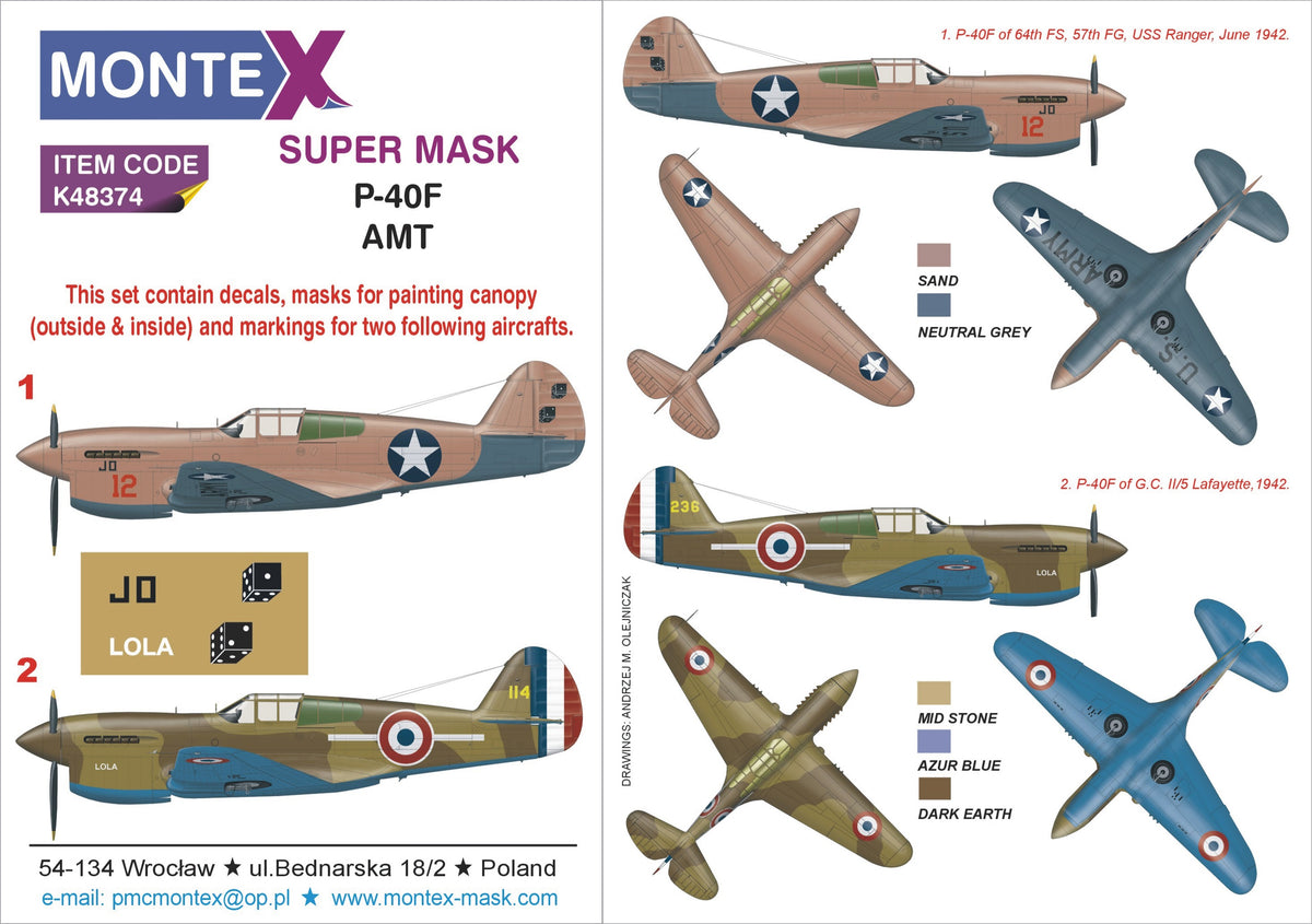 Curtiss P-40F Warhawk (designed to be used with AMT kits) 2 canopy frame paint mask (inside & outside) + insignia and markings masks + decals