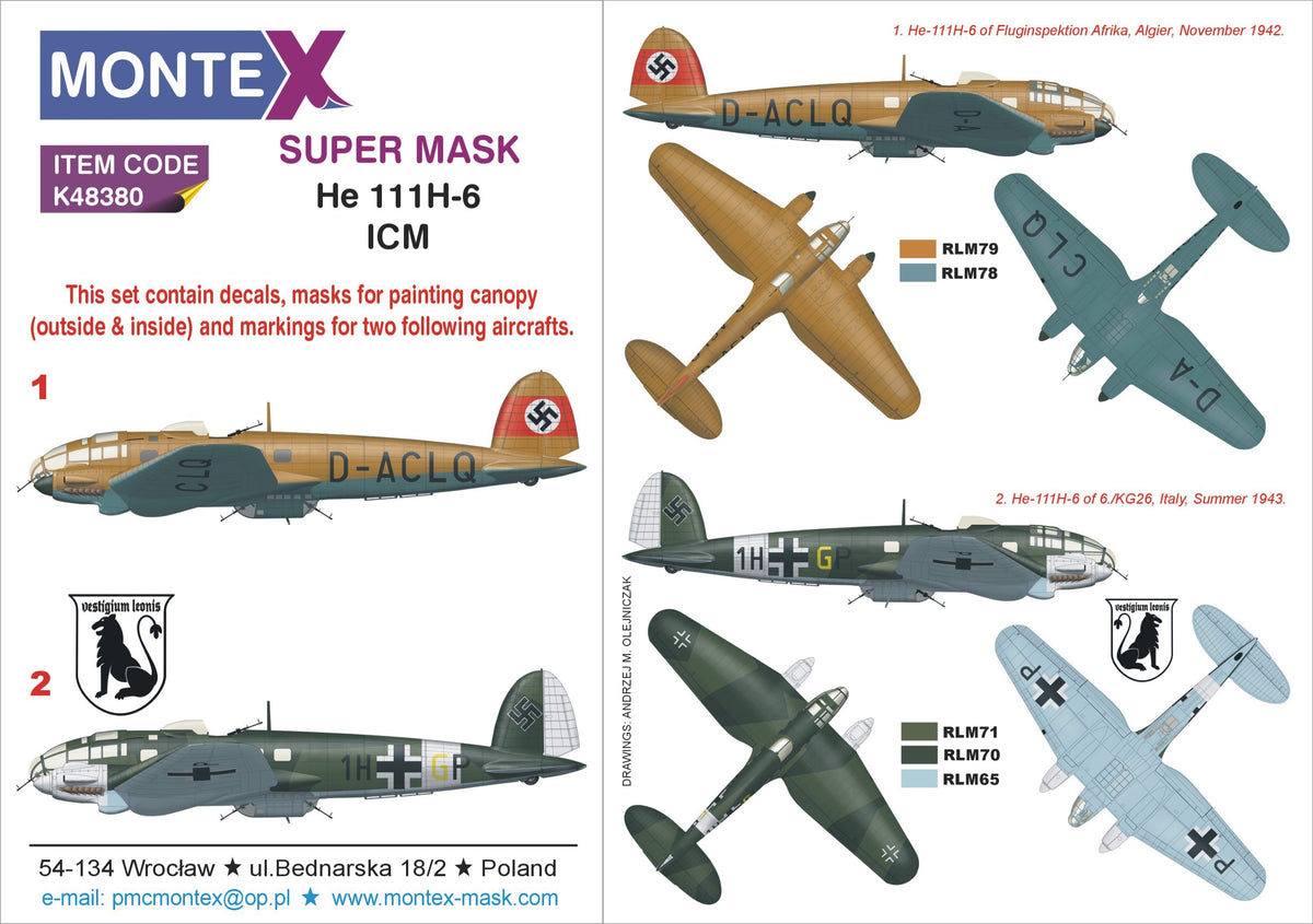 Henkel He-111H-6 (designed to be used with ICM UA UK kits) canopy frame paint mask (inside & outside) + insignia and markings masks + decals
