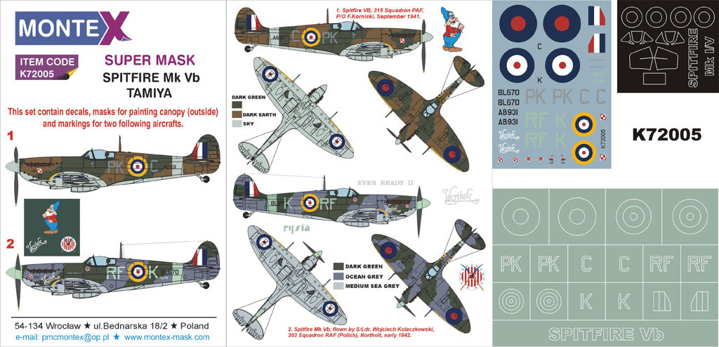 Supermarine Spitfire Mk.Vb 1 canopy mask (exterior) + insignia and markings masks + decals (designed to be used with Tamiya kits)