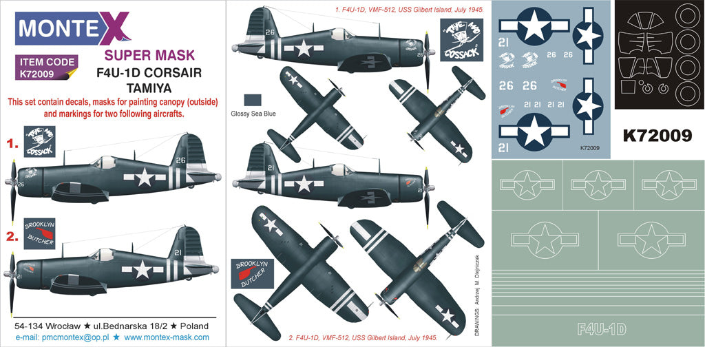 Vought F4U-1D CORSAIR 1 canopy mask (exterior) + insignia and markings masks + decals (designed to be used with Tamiya kits)