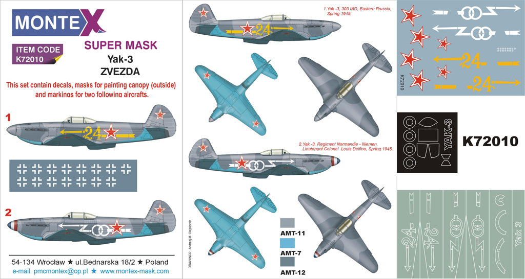 Yakovlev Yak-3 1 canopy mask (exterior) + insignia and markings masks + decals (designed to be used with Zvezda kits)