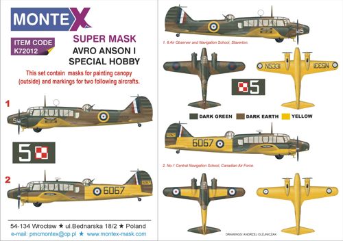 AVRO ANSON Mk.I 1 canopy mask (outside only canopy masks) + insignia and markings masks + decals (designed to be used with Special Hobby kits)