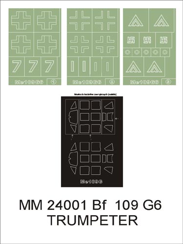 Messerschmitt Bf-109G-6 canopy frame paint masks (inside and outside) + insignia and markings masks (designed to be used with Trumpeter kits)