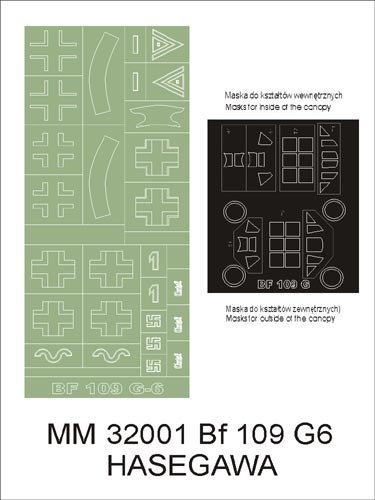 Messerschmitt Bf-109G-6 canopy frame paint masks (inside and outside) insignia and markings masks (designed to be used with Hasegawa kits)
