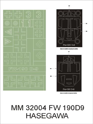 Focke-Wulf Fw-190D-9 canopy frame paint masks (inside and outside) insignia and markings masks designed to be used with Hasegawa and Hobby 2000 kits)