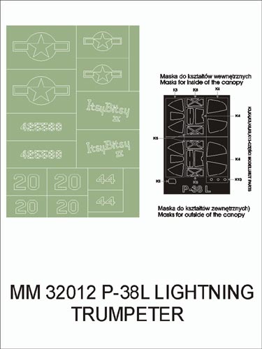 Lockheed P-38L Lighting canopy frame paint masks (inside and outside) + insignia and markings masks (designed to be used with Trumpeter kits)