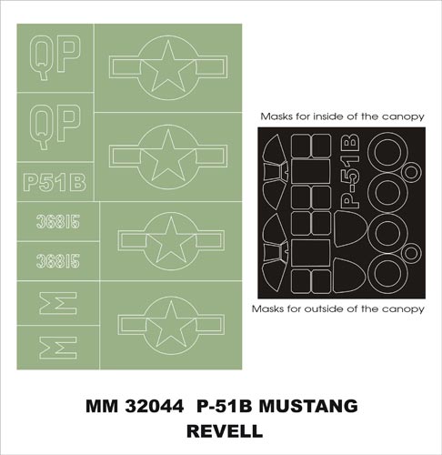 North-American P-51B Mustang canopy frame paint masks (inside and outside) + insignia and markings masks (designed to be used with Revell kits)