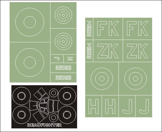 Bristol Beaufighter Mk.IF 1 canopy frame paint masks (outside only) insignia and markings masks (designed to be used with Revell kits)