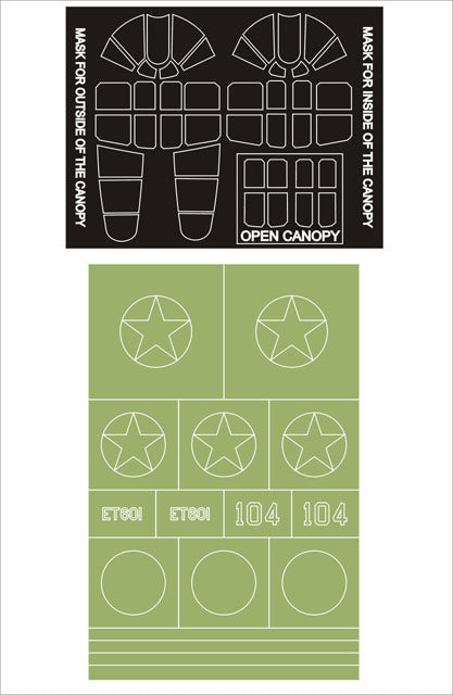 Curtiss P-40E Kittyhawk canopy frame paint masks (inside and outside) + insignia and markings masks (designed to be used with Hasegawa kits)