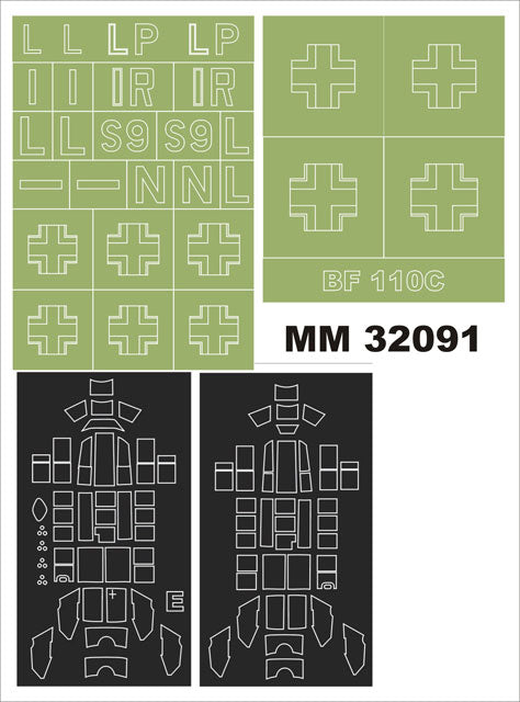 Messerschmitt Bf-110C canopy frame paint masks (inside and outside) insignia and markings masks (designed to be used with Dragon kits)