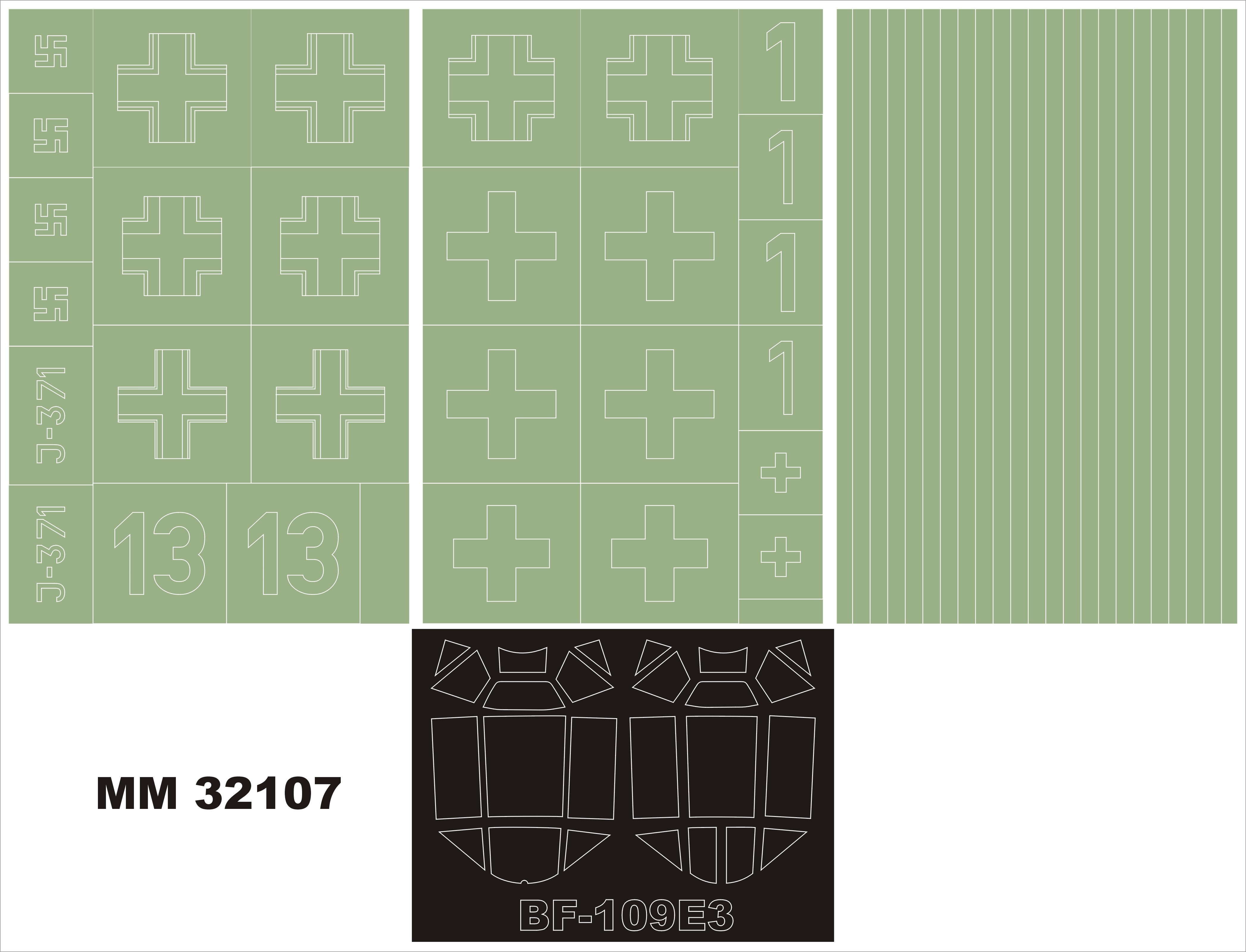 Messerschmitt Bf-109E-3 canopy frame paint masks (inside and outside) + insignia and markings masks (designed to be used with Trumpeter kits)