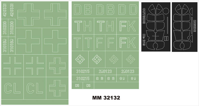 Heinkel He-219A-2/He-219A-5/He-219A-7 canopy frame paint masks (inside and outside) insignia and markings masks (designed to be used with Revell kits)