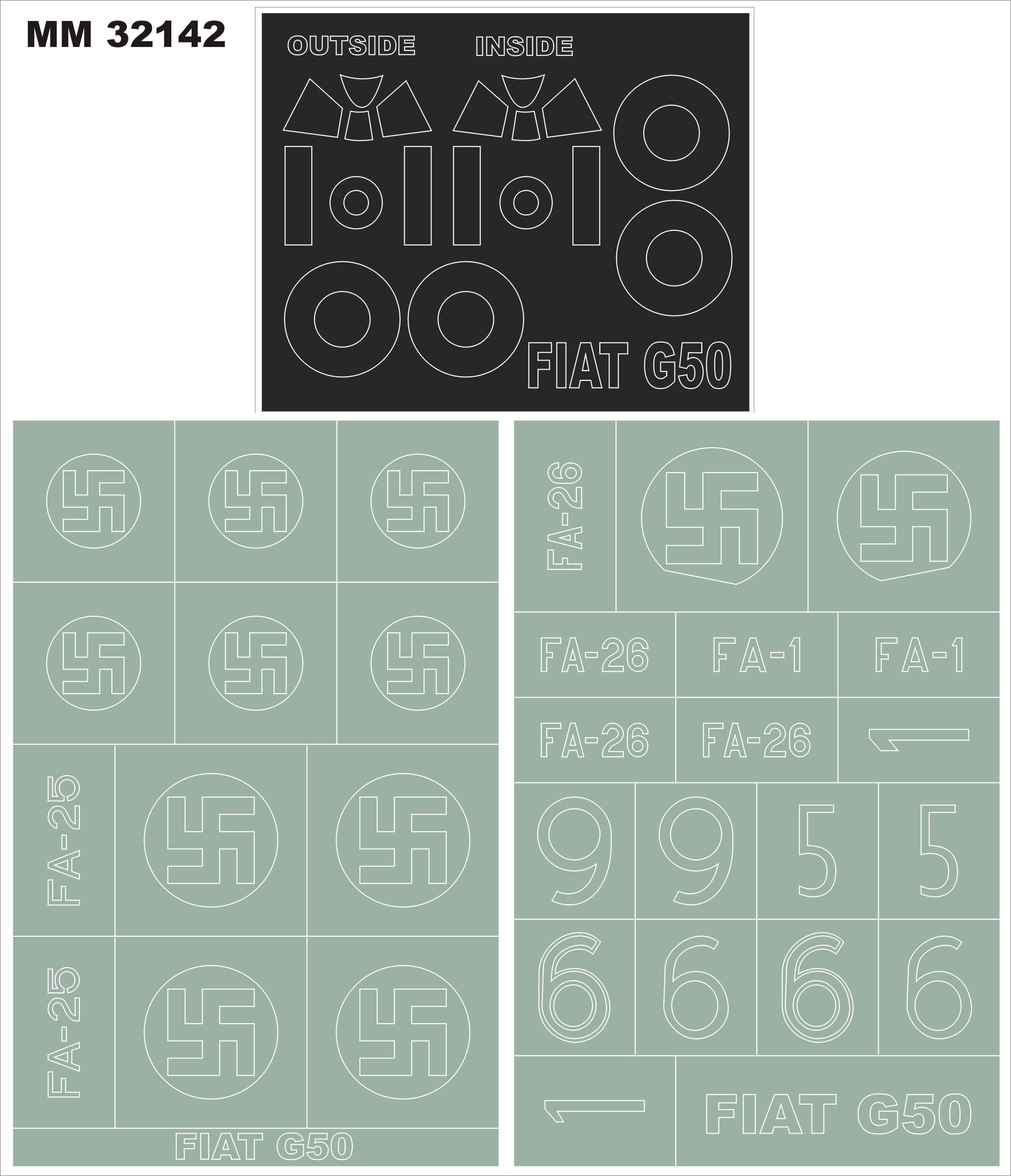 FIAT G.50 canopy frame paint masks (inside and outside) insignia and markings masks (designed to be used with Special Hobby kits)