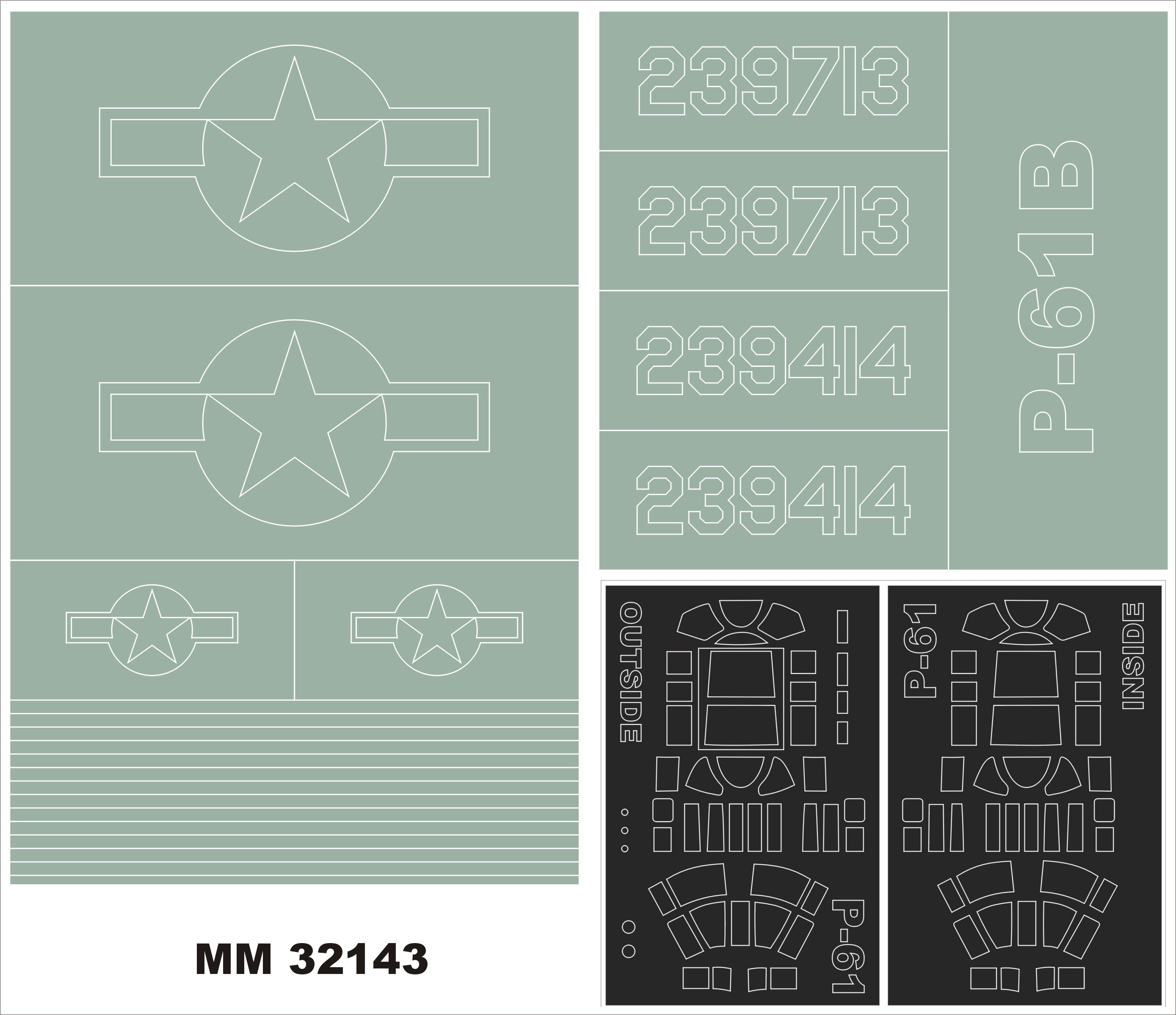 Northrop P-61B 'Black Widow' canopy frame paint masks (inside and outside) insignia and markings masks (designed to be used with Hobby Boss kits)