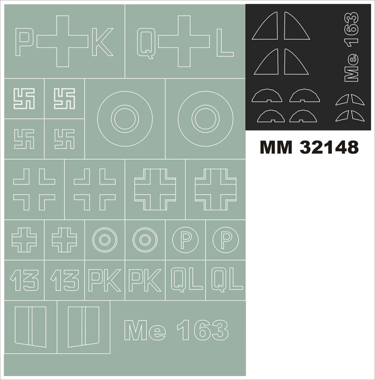 Messerschmitt Me-163B Komet canopy frame paint masks (inside and outside) + insignia and markings masks (designed to be used with Meng Model kits)