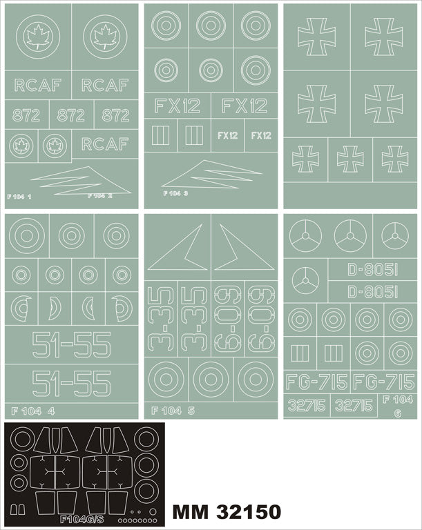 Lockheed F-104G/S STARFIGHTER canopy frame paint masks (inside and outside) + insignia and markings masks (designed to be used with Italeri kits)