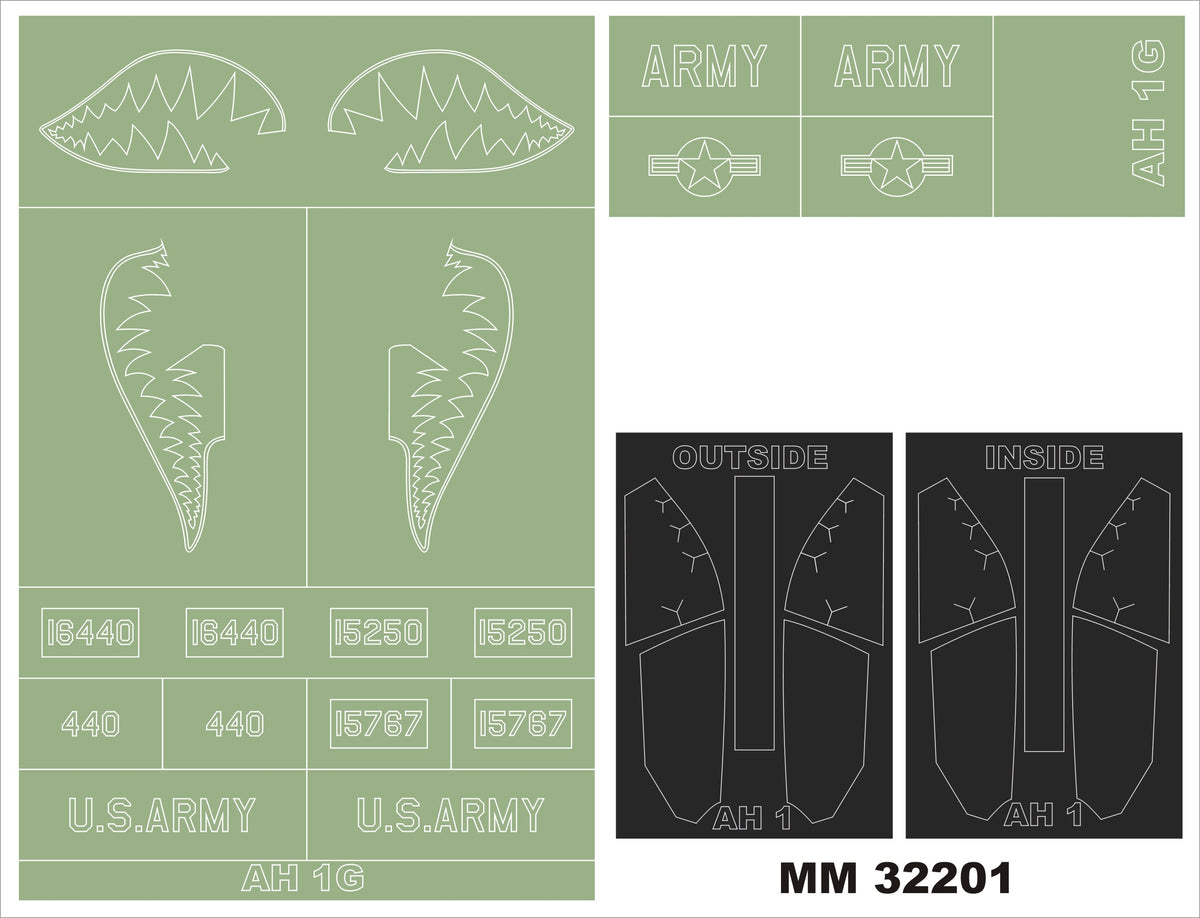 Bell AH-1G COBRA designed to be used with ICM UA UK kits) 32063 2 canopy frame paint masks (inside & outside) + 2 insignia masks