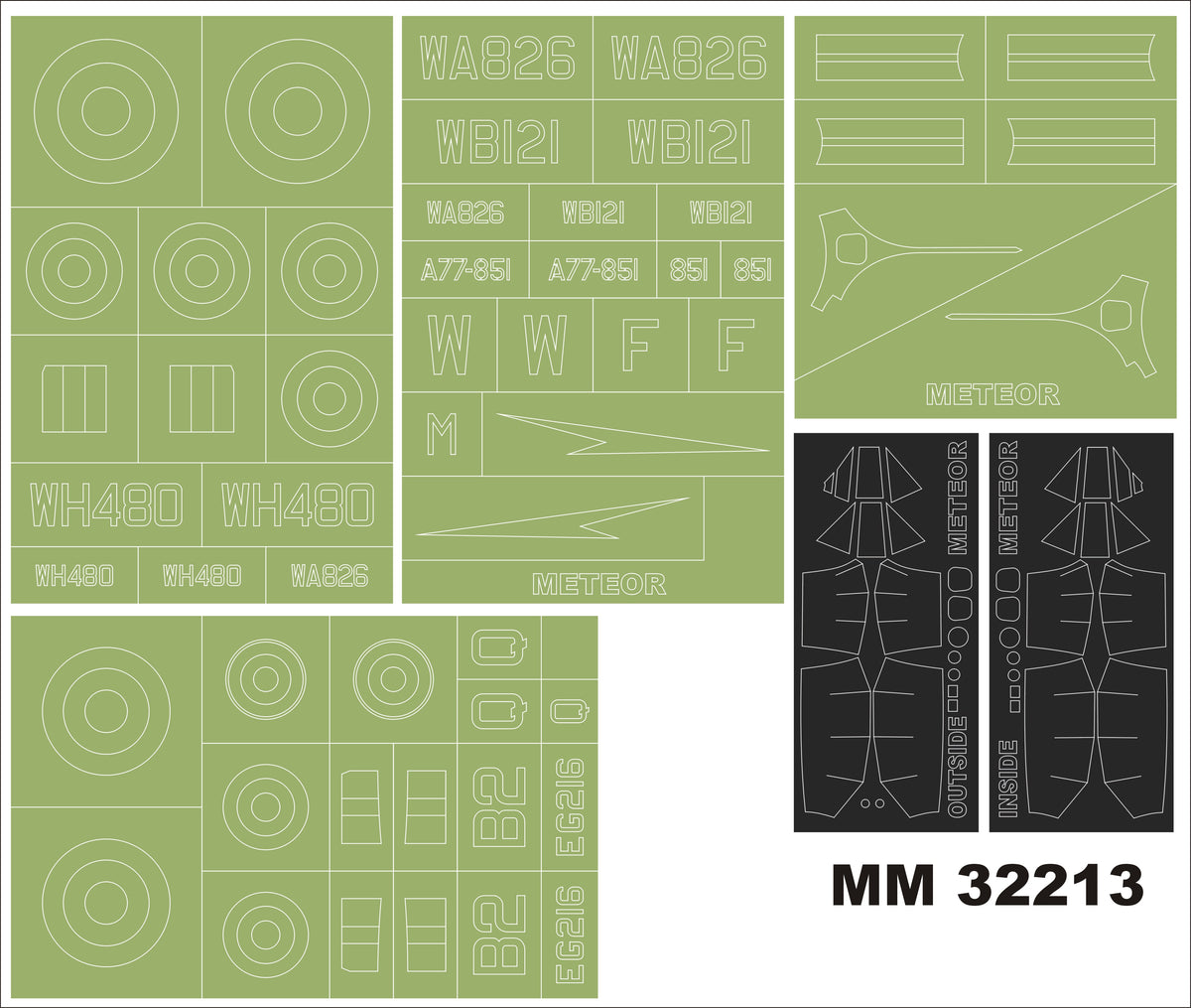 Gloster Meteor F.8/FR.9 (designed to be used with Revell kits) 2 canopy masks (outside & inside) + 4 insignia masks