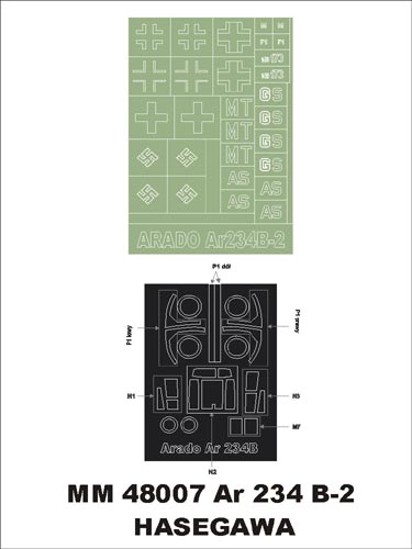 Arado Ar-234B-2 1 canopy frame paint masks (outside only) + insignia and markings masks (designed to be used with Hasegawa, Hobby 2000 and Revell kits)