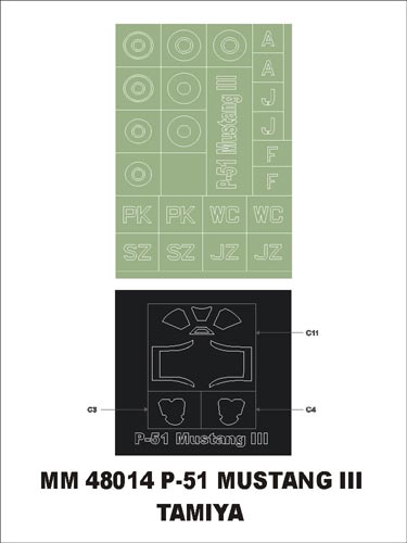 North-American P-51 Mustang Mk.III 1 canopy frame paint masks (outside only) + insignia and markings masks (designed to be used with Tamiya kits)