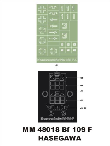 Messerschmitt Bf-109F-2/Bf-109F-4 1 canopy frame paint masks (outside only) + insignia and markings masks (designed to be used with Hasegawa kits)