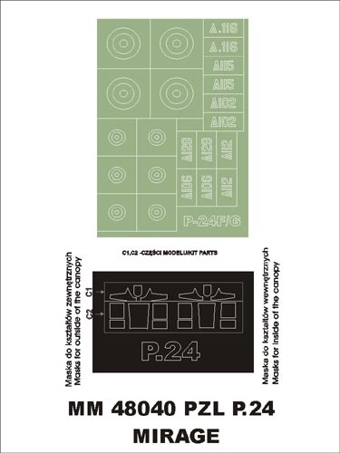 PZL P.24 F/G canopy frame paint masks (inside and outside) + insignia and markings masks (designed to be used with Mirage kits)
