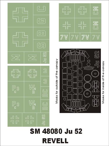 Junkers Ju-52/3M canopy frame paint masks (inside and outside) + insignia and markings masks (designed to be used with Revell kits)