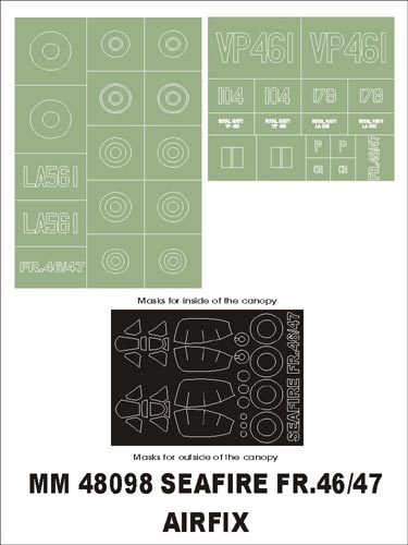 Supermarine Seafire FR.46 / FR.47 canopy frame paint masks (inside and outside) insignia and markings masks (designed to be used with Airfix kits)