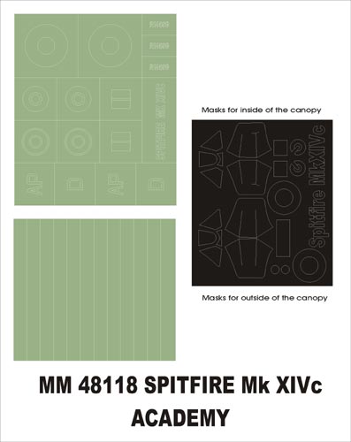 Supermarine Spitfire Mk.XIVc canopy frame paint masks (inside and outside) insignia and markings masks (designed to be used with Academy kits)