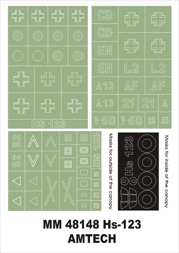 Henschel Hs-123 canopy frame paint masks (inside and outside) + insignia and markings masks (designed to be used with Amtech kits)