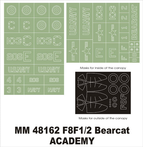 Grumman F8F-1/Grumman F8F-2 Bearcat canopy frame paint masks (inside and outside) insignia and markings masks (designed to be used with Academy kits)
