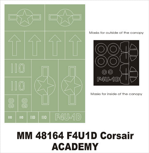 Vought F4U-1D Corsair canopy frame paint masks (inside and outside) + insignia and markings masks (designed to be used with Academy kits)