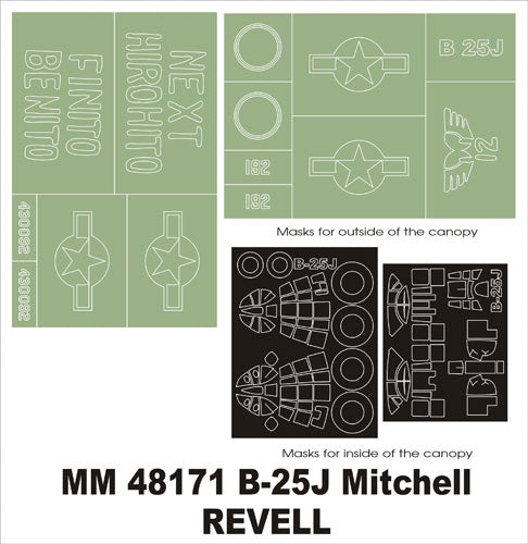 North-American B-25J Mitchell canopy frame paint masks (inside and outside) insignia and markings masks (designed to be used with Monogram and Revell kits)