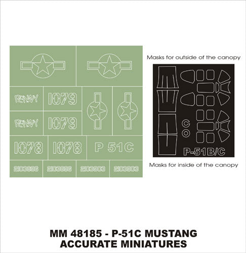 North-American P-51C Mustang canopy frame paint masks (inside and outside) + insignia and markings masks (designed to be used with Accurate Miniatures kits)