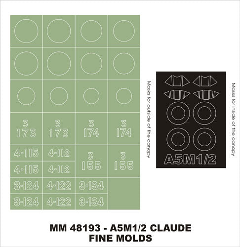 Mitsubishi Type 96 Carrier Fighter A5M1/A5M2 'Claude' canopy frame paint masks (inside and outside) + insignia and markings masks (designed to be used with Fine Molds kits)