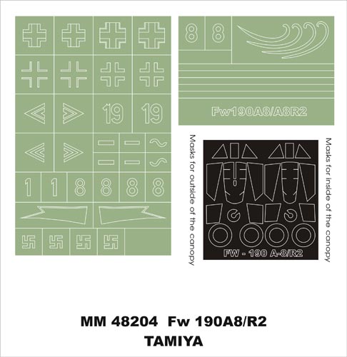 Focke-Wulf Fw-190A-8/R2 canopy frame paint masks (inside and outside) insignia and markings masks (designed to be used with Tamiya kits)