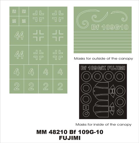 Messerschmitt Bf-109G-10 canopy frame paint masks (inside and outside) insignia and markings masks (designed to be used with Fujimi kits)