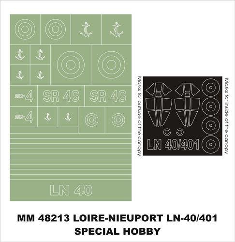 Loire-Nieuport LN.40/401 canopy frame paint masks (inside and outside) + insignia and markings masks (designed to be used with Special Hobby kits)