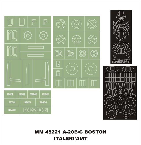 Douglas A-20B Boston canopy frame paint masks (inside and outside) + insignia and markings masks (designed to be used with Italeri/AMT kits)