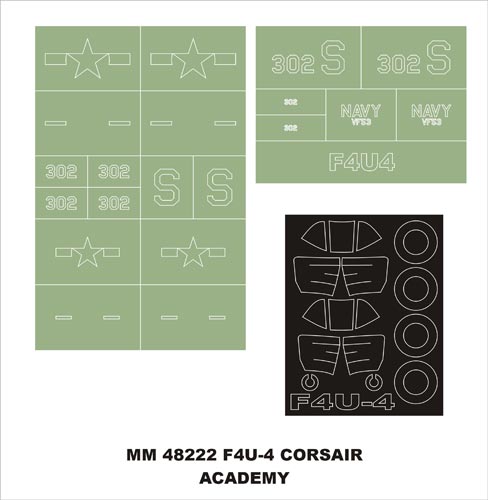 Vought F4U-4 Corsair canopy frame paint masks (inside and outside) insignia and markings masks (designed to be used with Academy kits)