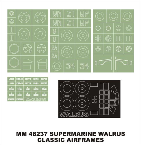 Supermarine Walrus Mk.I canopy frame paint masks (outside only) + insignia and markings masks (designed to be used with Classic Airframes and Special Hobby kits)