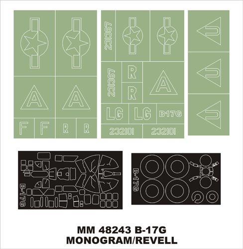 Boeing B-17G Flying Fortress 1 canopy frame paint masks (outside only) + insignia and markings masks (designed to be used with Monogram kits)