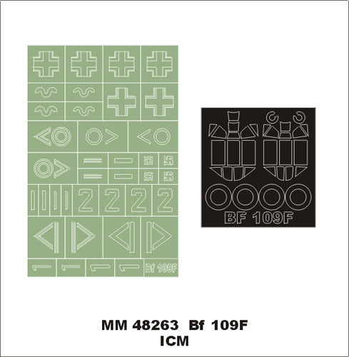 Messerschmitt Bf-109F canopy frame paint masks (inside and outside) + insignia and markings masks (designed to be used with ICM UA UK kits)