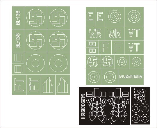 Bristol Blenheim Mk.I canopy frame paint masks (inside and outside) insignia and markings masks (designed to be used with Classic Airframes kits)