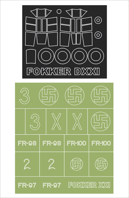FOKKER D.XXI canopy frame paint masks (inside and outside) + insignia and markings masks (designed to be used with Special Hobby kits)