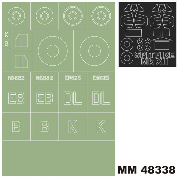 Supermarine Spitfire Mk.XII canopy frame paint masks (inside and outside) + insignia and markings masks (designed to be used with Airfix kits)